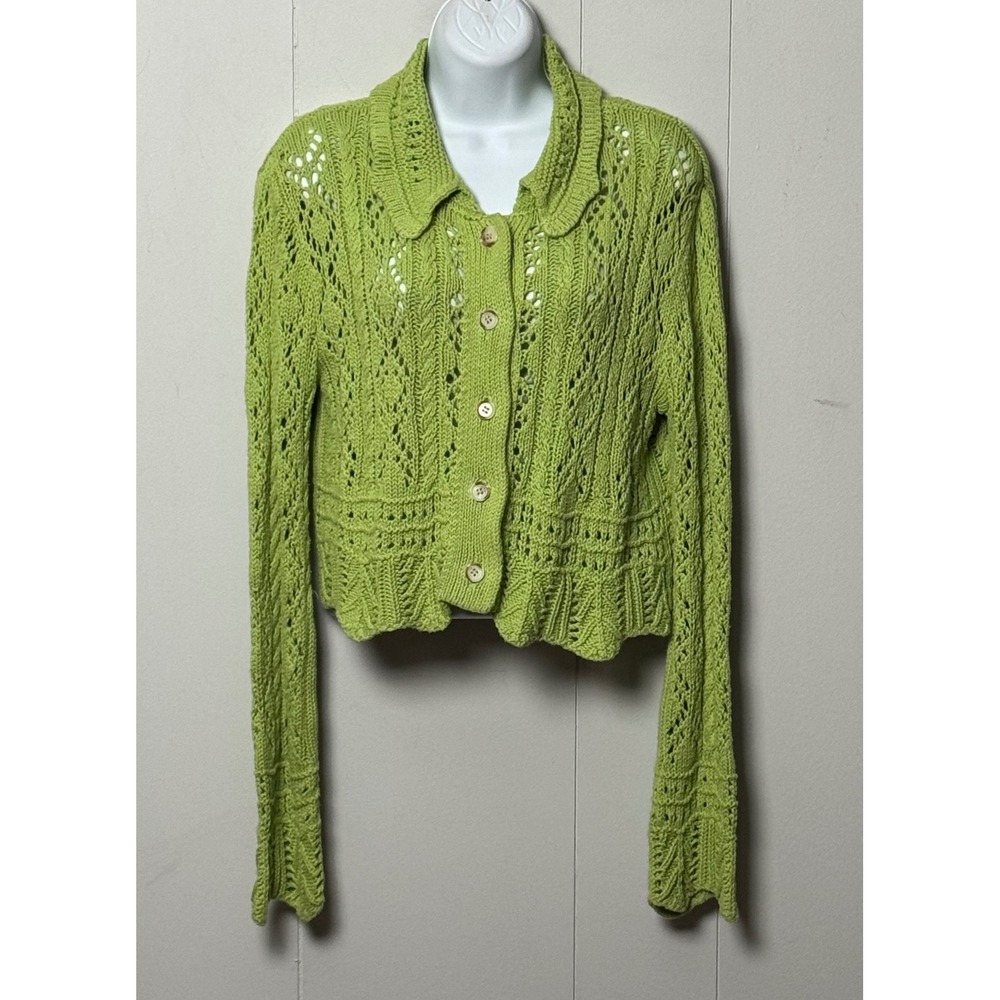 Zara Lime Green Open Knit Pointelle Button Front Collared Cardigan Sweater Sz M